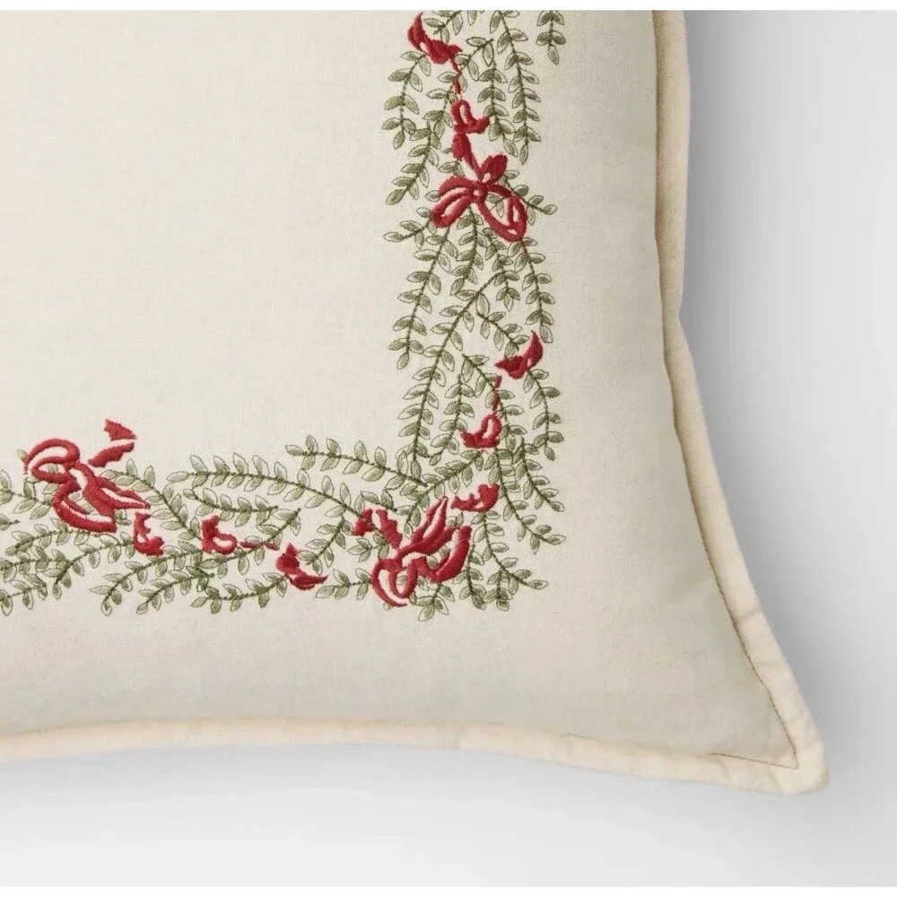 Natural Embroidered Green and Bows Pillow- 24 x 24